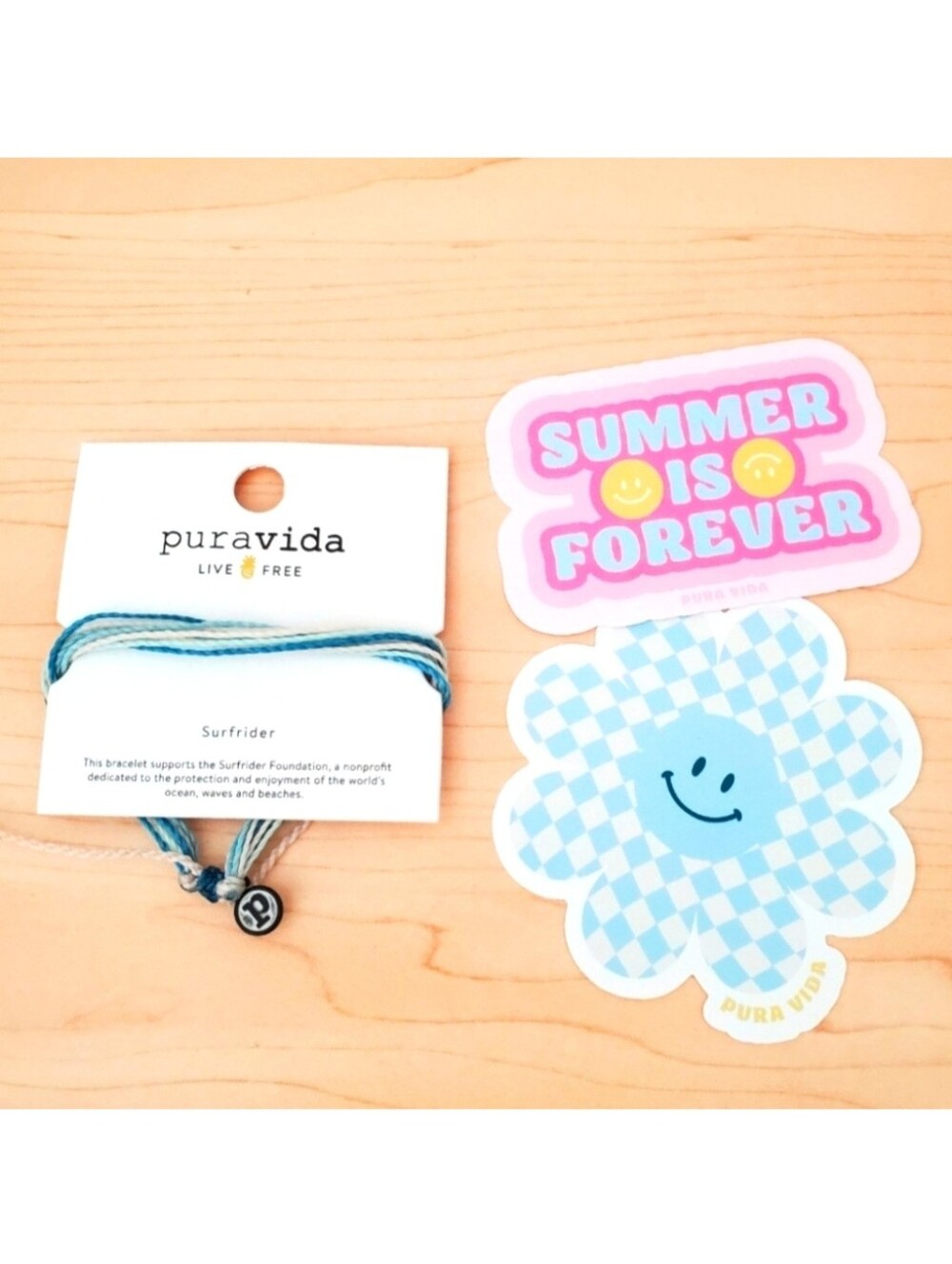 Puravida Surfrider Aqua Blue Boho Bracelet and 2 Stickers Set 90s Style Y2K NWT